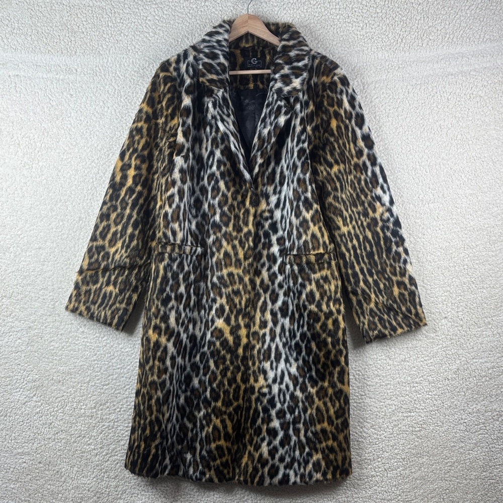 NWOT G by Giuliana Women Brown Black Leopard Print Faux Fur Tuxedo Coat Size LP - Picture 2 of 16